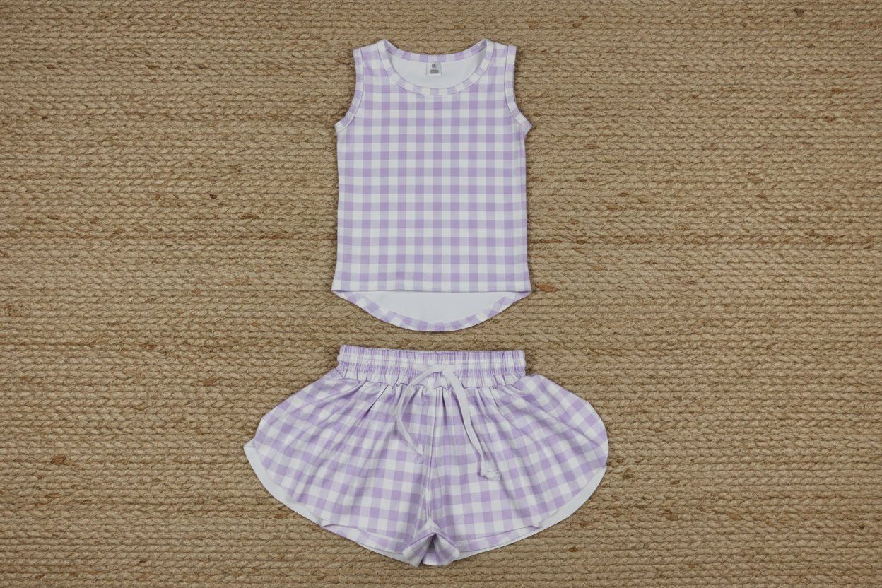 sleeveless light purple gingham athletic butterfly skort outfit girls clothes