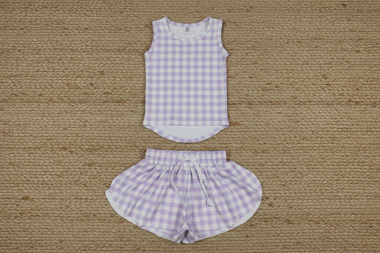 sleeveless light purple gingham athletic butterfly skort outfit girls clothes