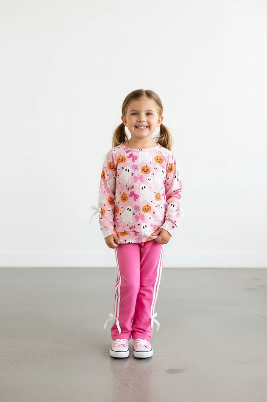 long sleeve halloween pumpkin candy ghost print hot pink pants set