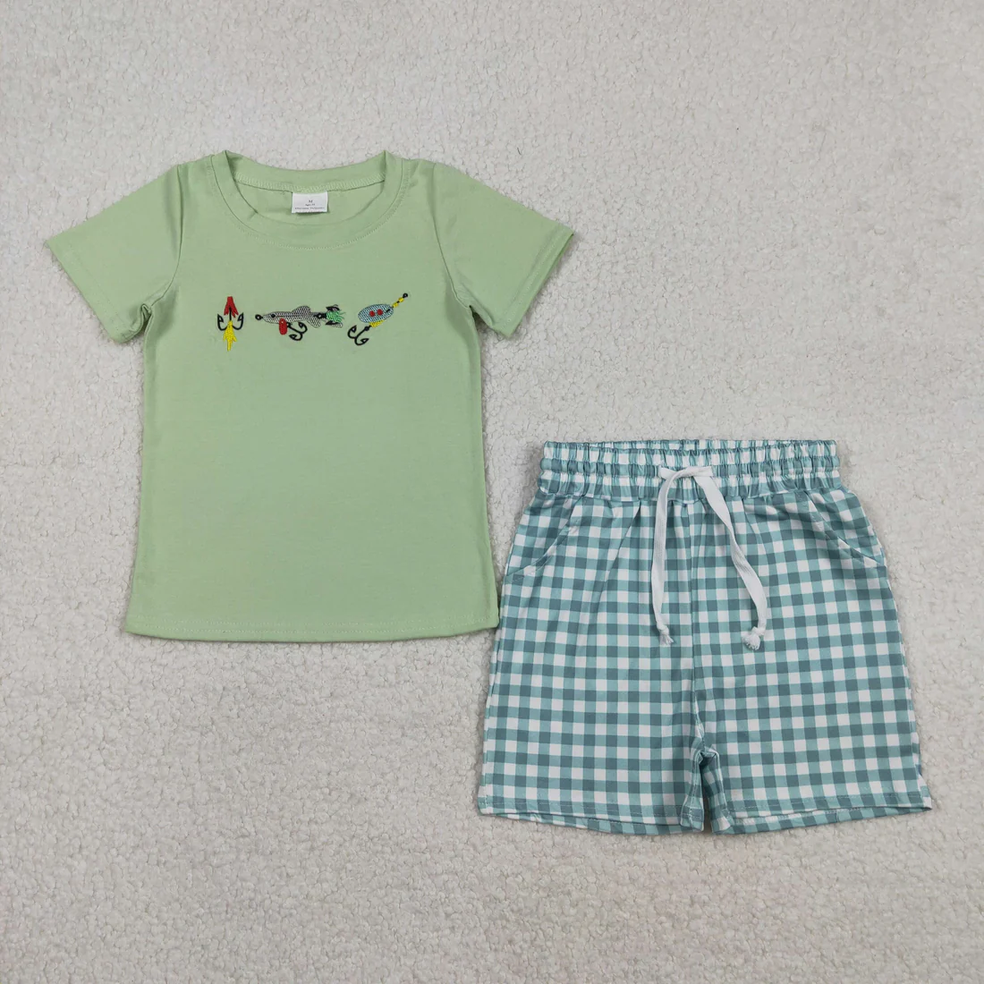 Sibling Baby Boys Girls Short Sleeves Embroidery Fishing Shirts Green Plaid Shorts Clothes Sets