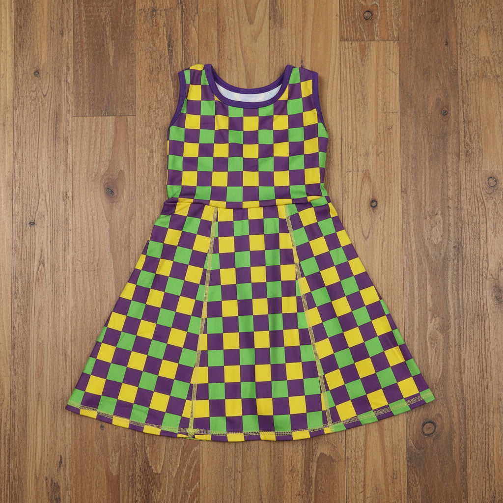 mardi gras purple green golden checkered athletic dress
