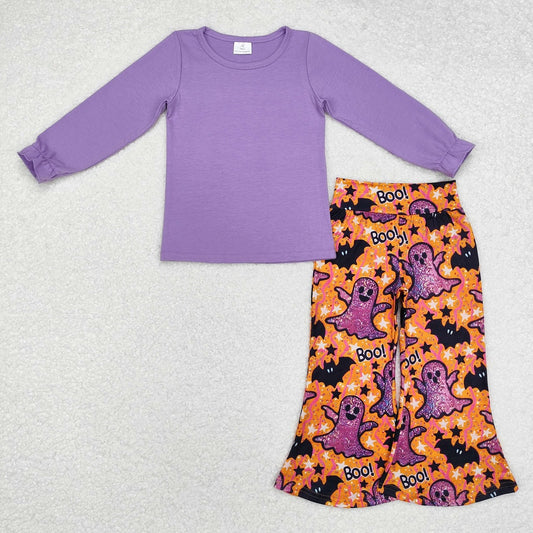 GLP2056 Baby Girls Halloween Purple Top Ghost Bell Pants Outfits Sets