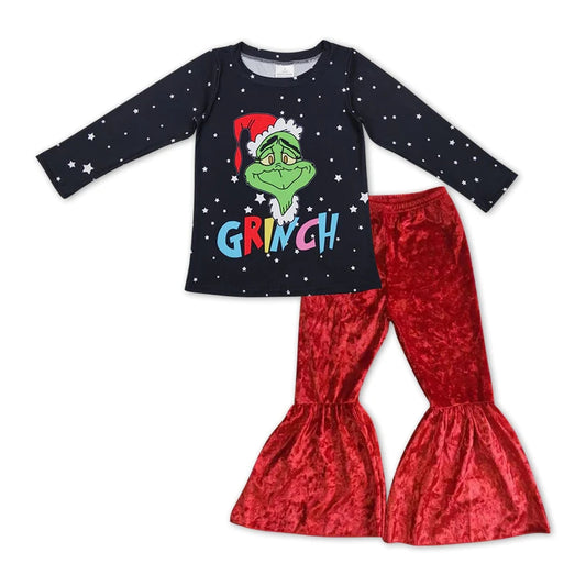 Baby Girls Christmas Green Face Top and Red Velvet Pants Set