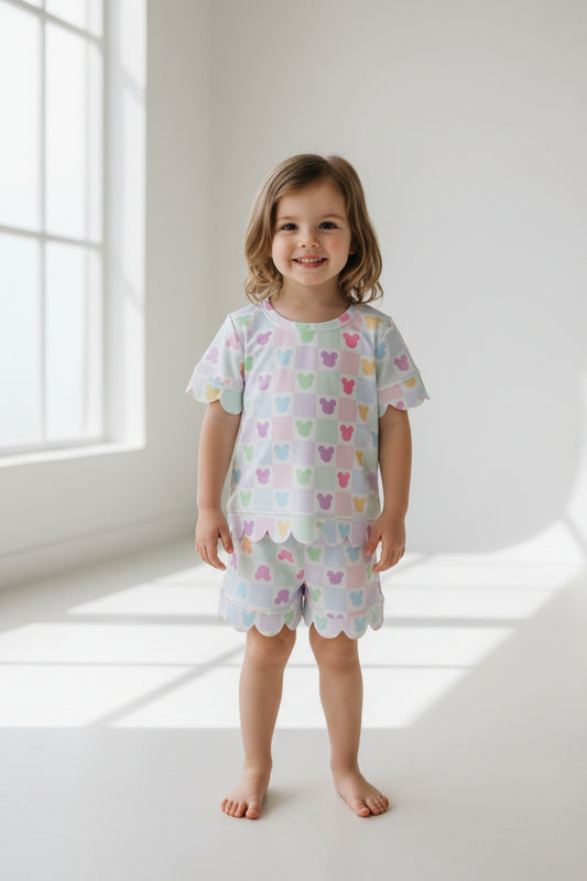 cartoon colorful checkered scallop shorts set summer girl clothing