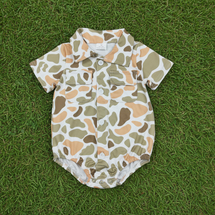 camo button romper with pocket