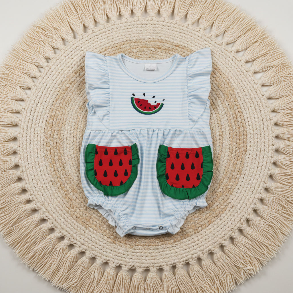 SR4153 watermelon embroidery pocket bubble girl romper