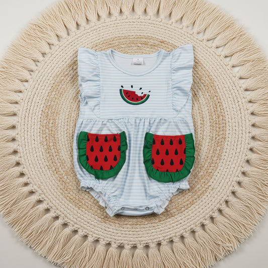 SR4153 watermelon embroidery pocket bubble girl romper