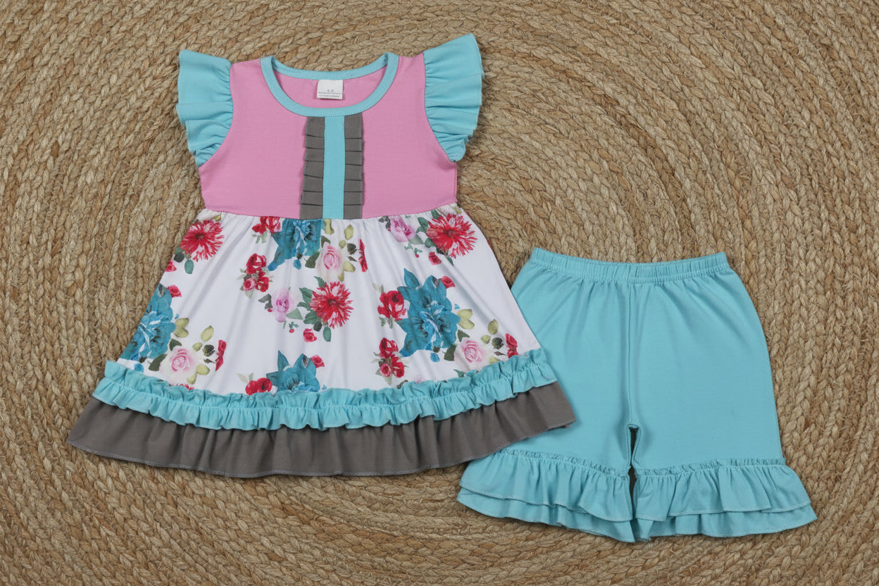 flutter sleeve flower ruffle shorts set summer toddler girl clothing