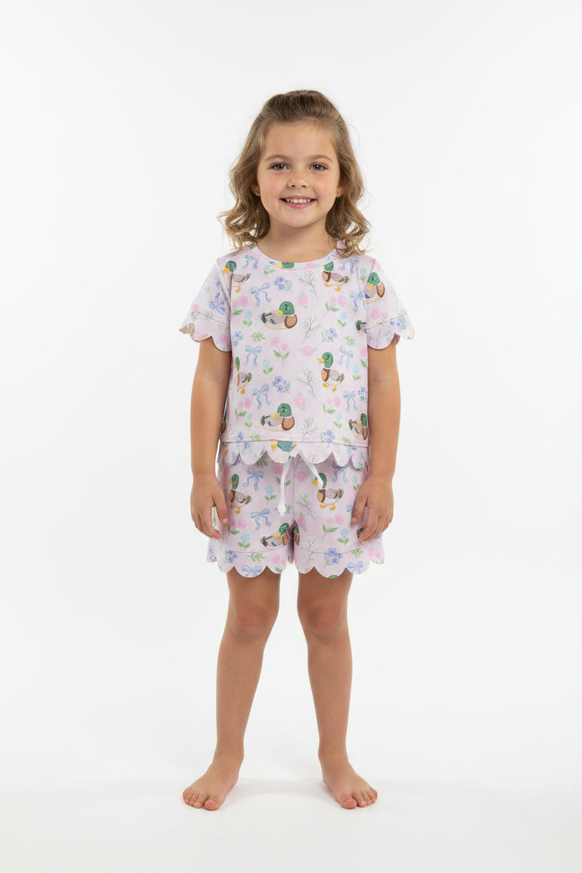 bow duck print scallop shorts set girl clothing