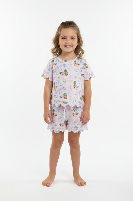 bow duck print scallop shorts set girl clothing