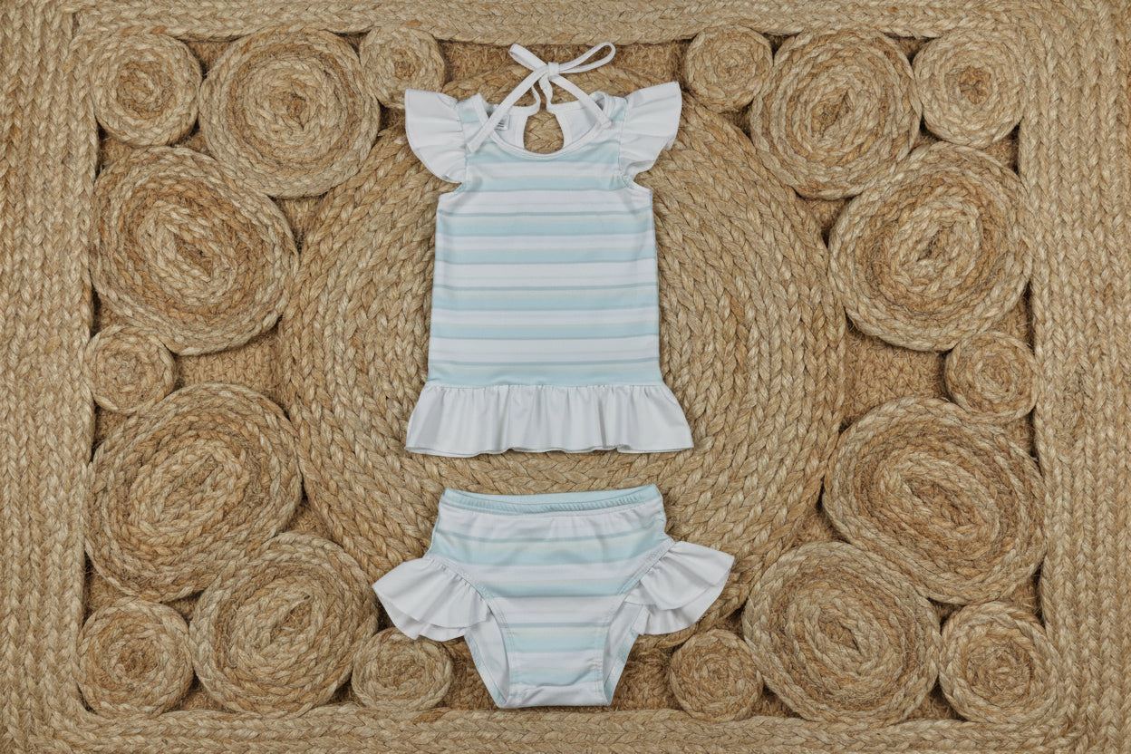 S0652 white blue stripes two pieces swimsuit