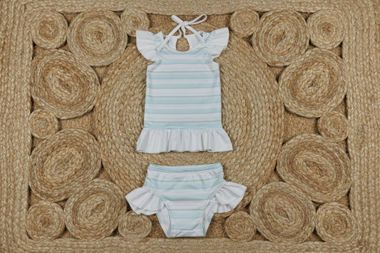 S0652 white blue stripes two pieces swimsuit