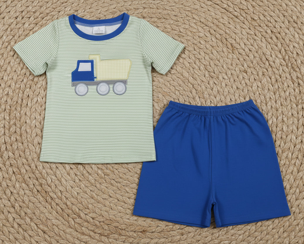 stripes truck embroidery boy shorts set summer clothes