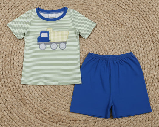stripes truck embroidery boy shorts set summer clothes
