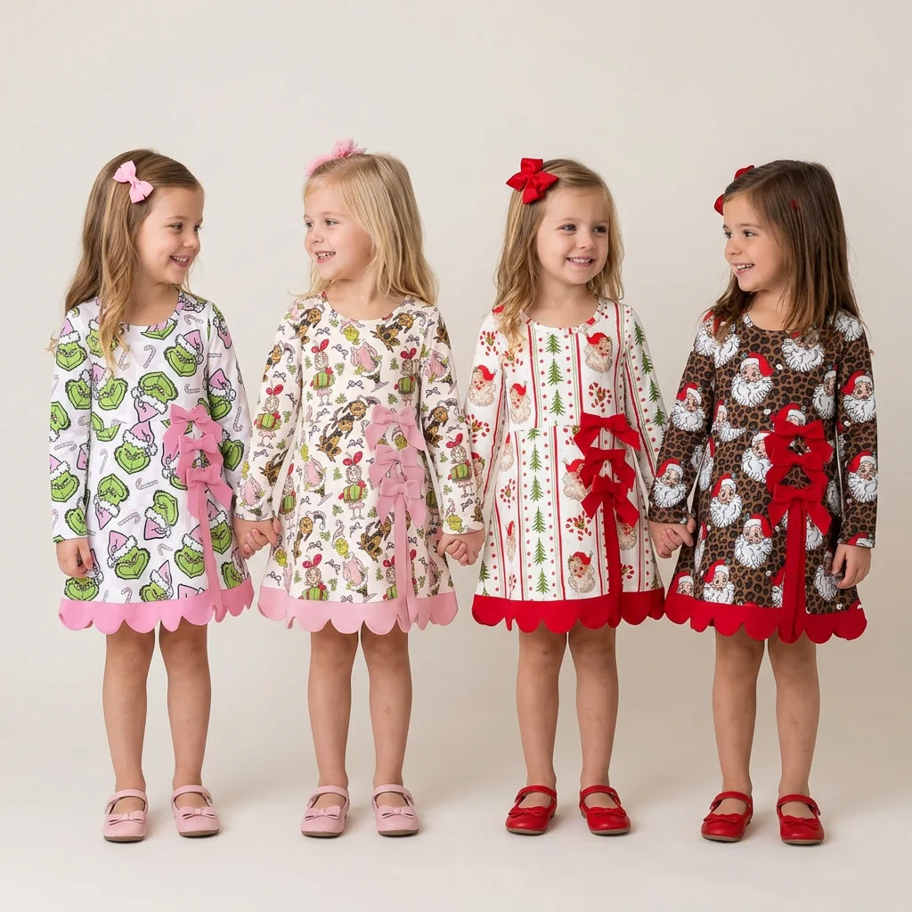 Matching Baby Girls Christmas long sleeve bow dress yoga
