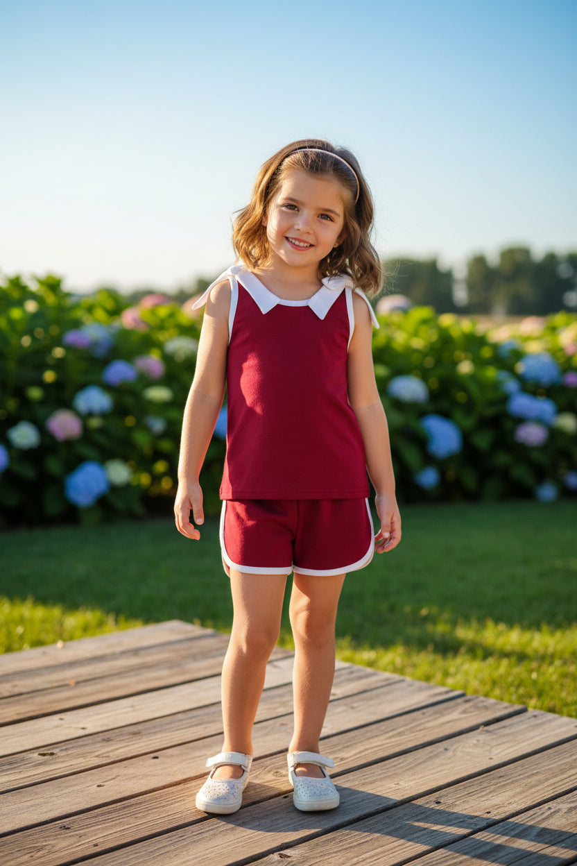 burgundy with white trim bow shorts set summer girl clothing