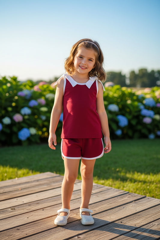 burgundy with white trim bow shorts set summer girl clothing
