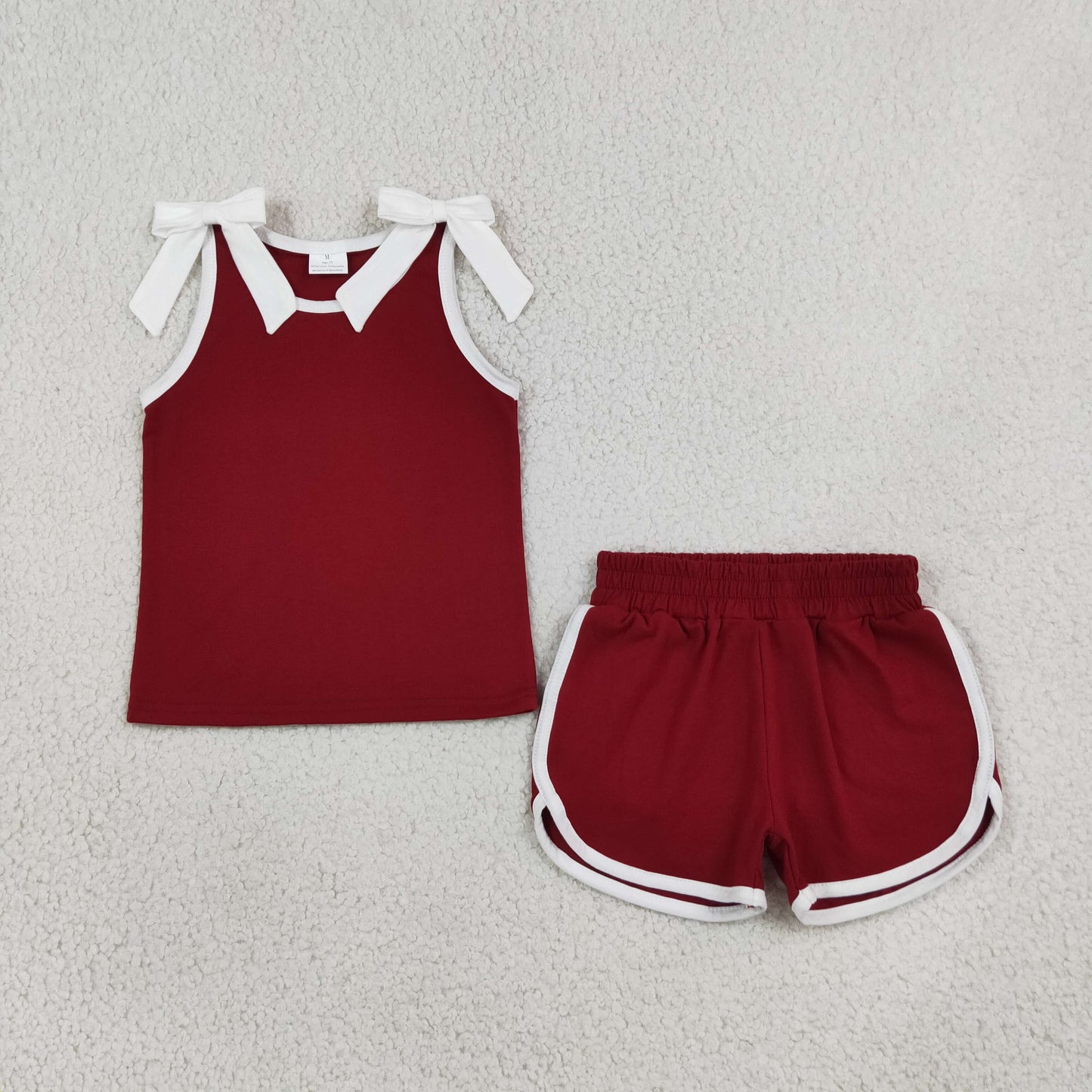 burgundy with white trim bow shorts set summer girl clothing