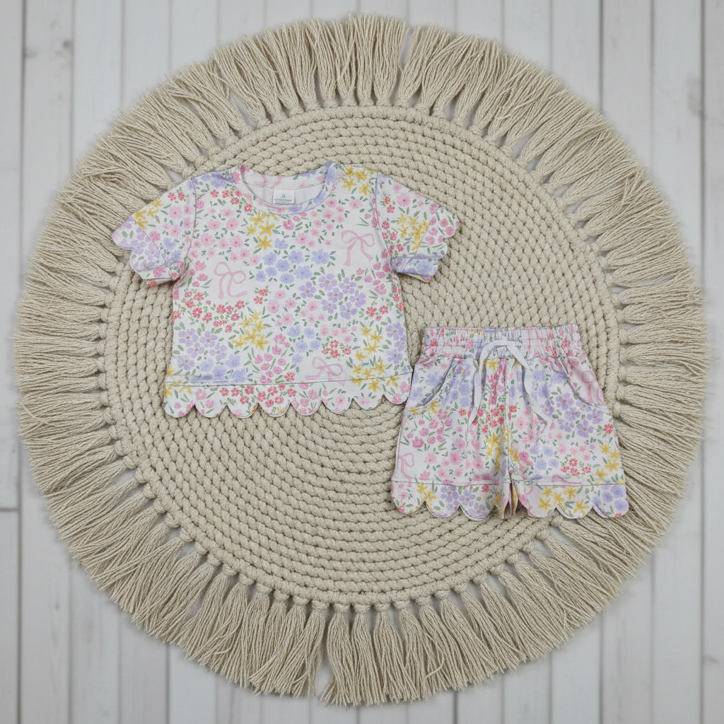 pink coquette flower floral scallop shorts set summer girl clothing