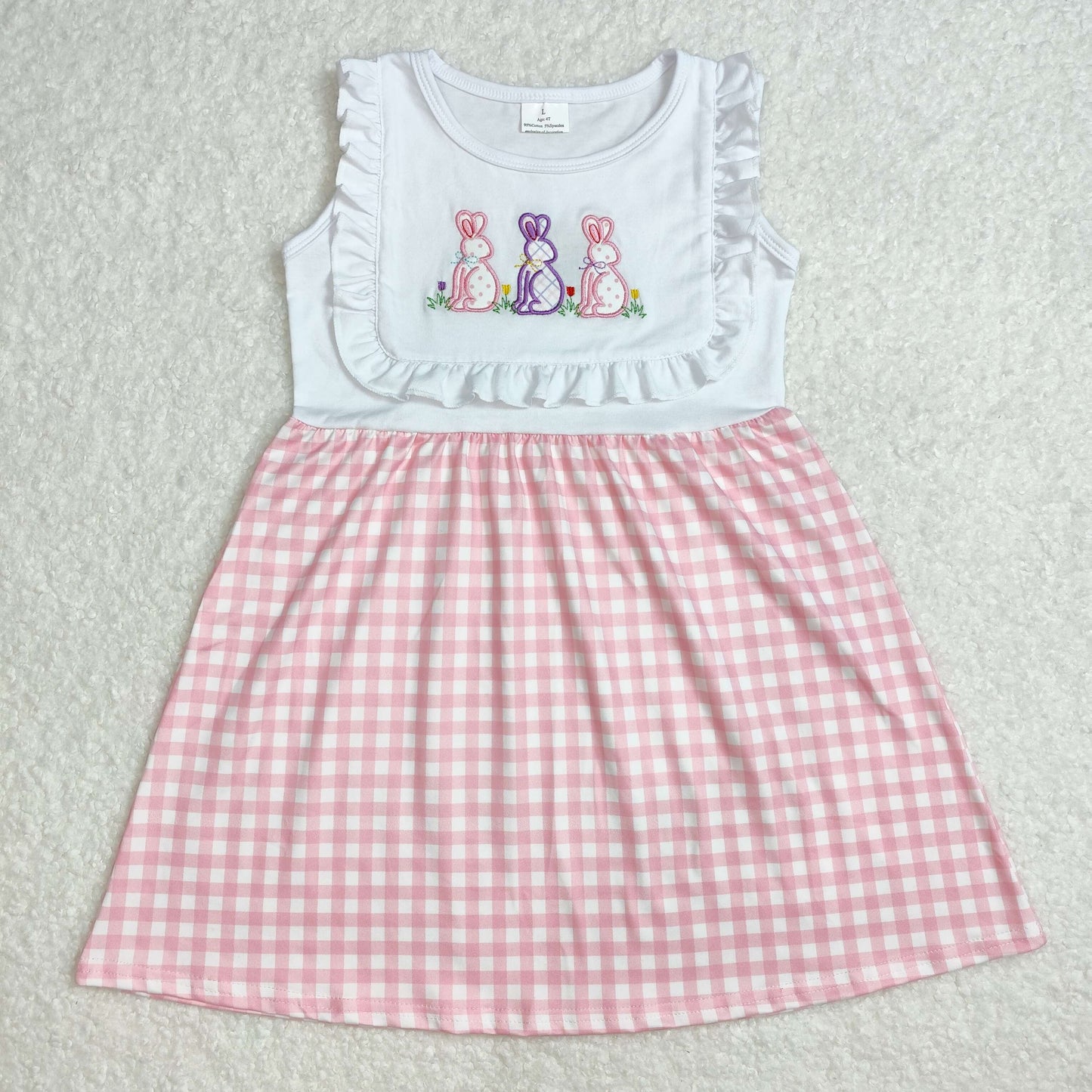 pink plaid easter rabbit embroidered girl dress