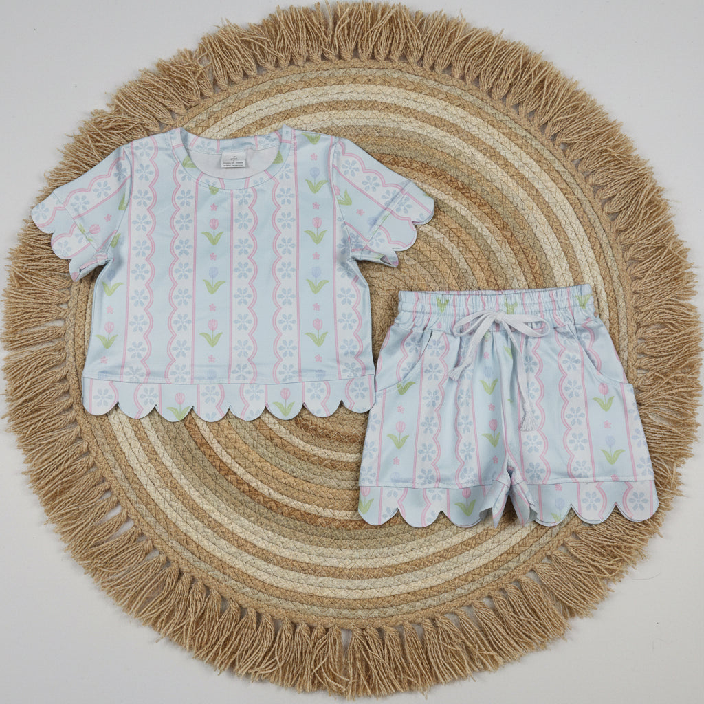 striped floral scallop shorts set summer girl clothing