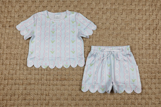 striped floral scallop shorts set summer girl clothing