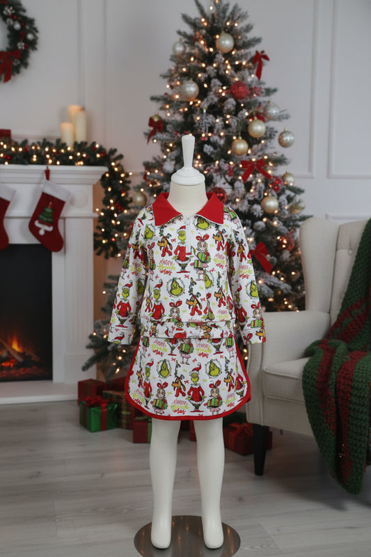 zipper long sleeve grinchmas pullover skorts set