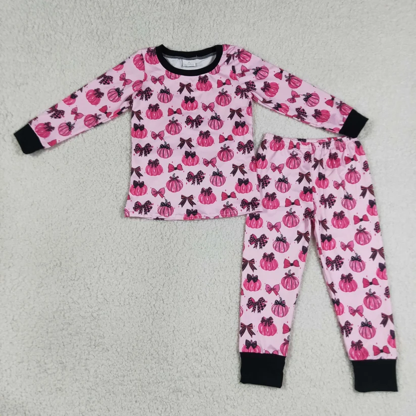 pink pumpkin bow two pieces fall girl pajamas