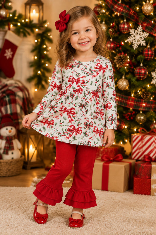 plaid coquette bow red ruffle pants set christmas girl outfit