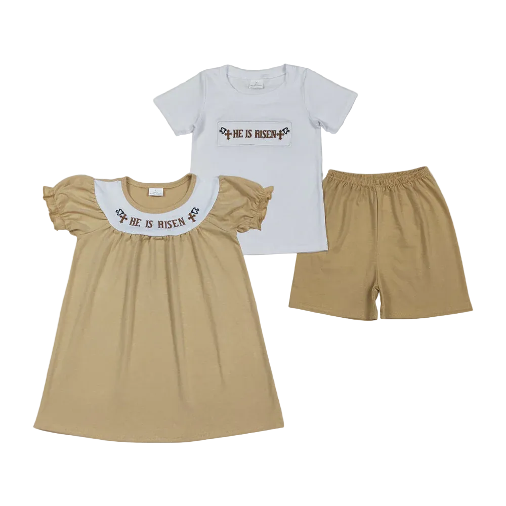 Sibling Baby Boys Girls Short Sleeves Embroidery He is Risen Cross Easter Dress Set
