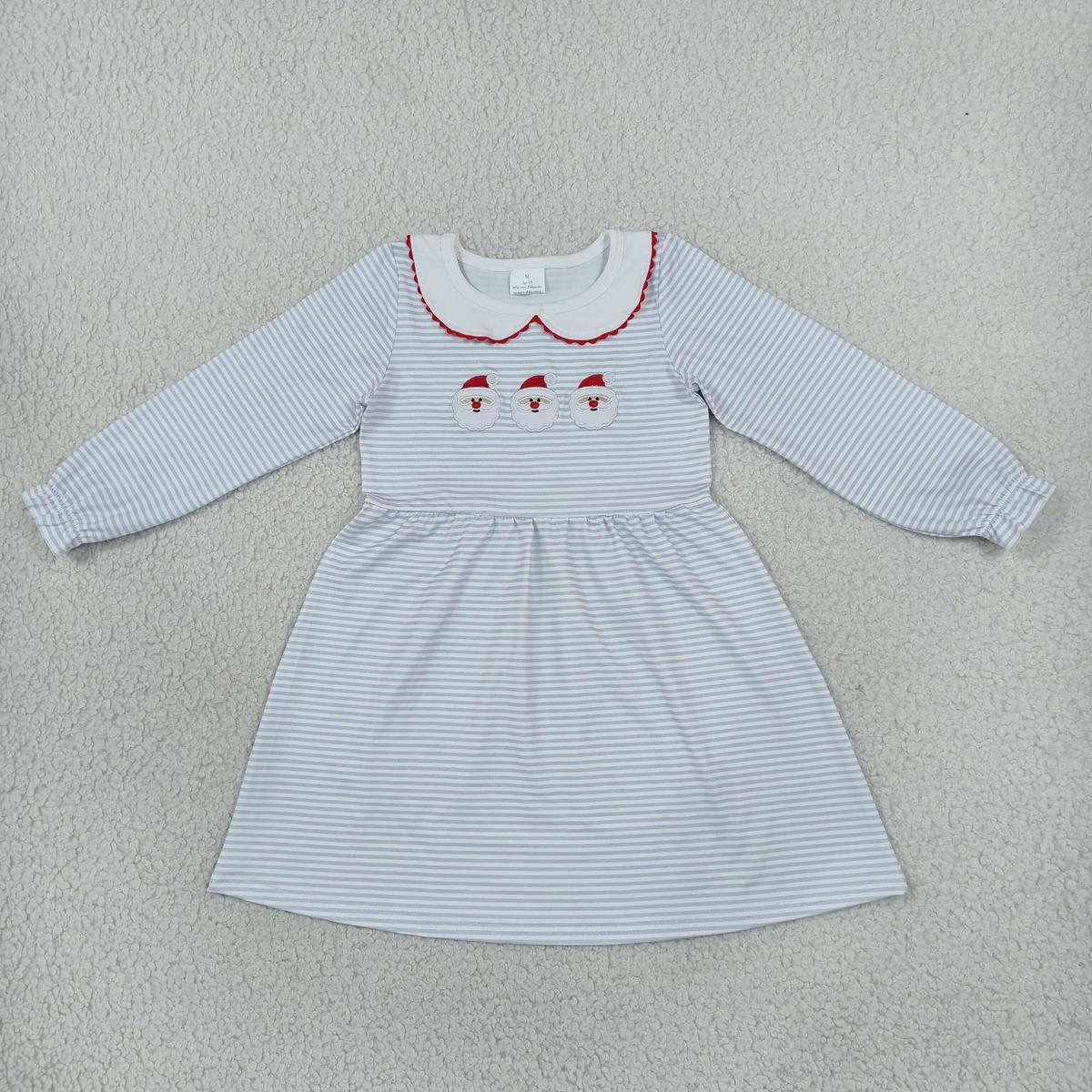 Matching Baby girls Christmas Santa blue stripe long sleeve collar clothing embroidery