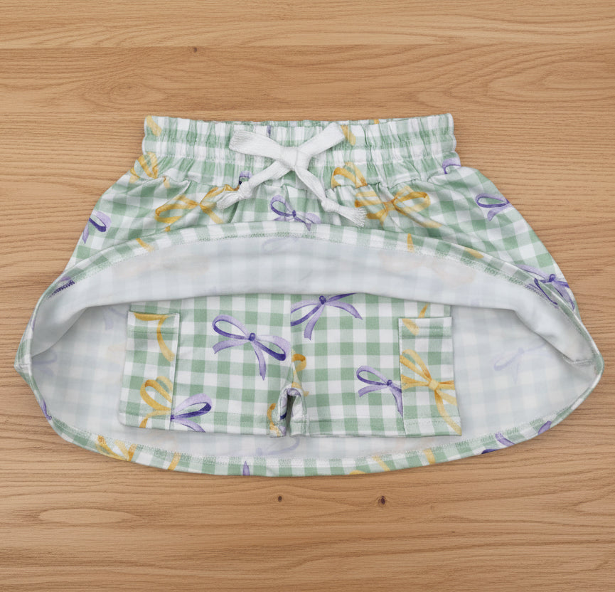 Mardi Gras yellow purple bows green plaid skort