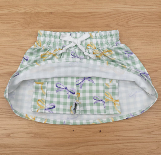 Mardi Gras yellow purple bows green plaid skort