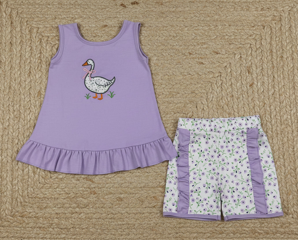 purple silly goose embroidery shorts set girl clothing