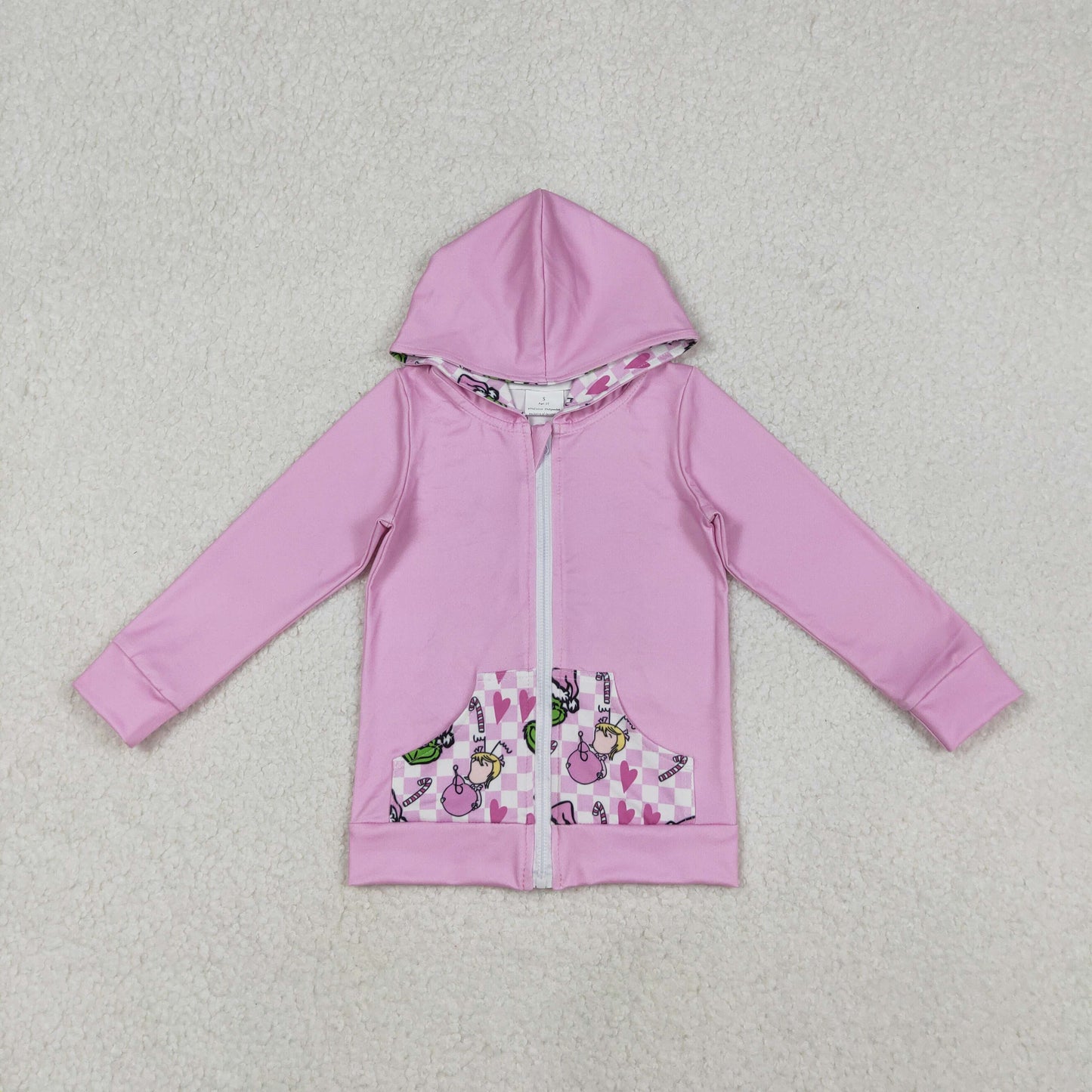 GT1142  Baby Girls Pink Christmas Green Faces Pocket Zipper Hoodies D1030