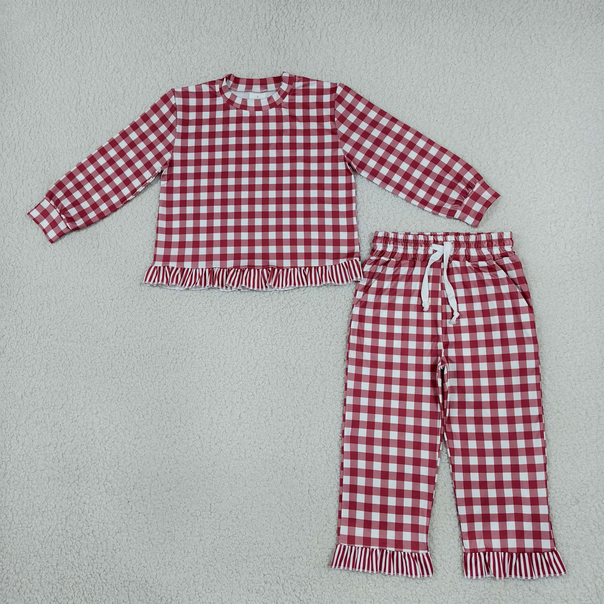 maroon gingham ruffle outfit