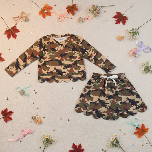 long sleeve camo scallop skort set