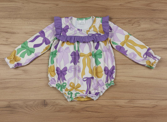 purple green gold coquette mardi gras baby girl romper