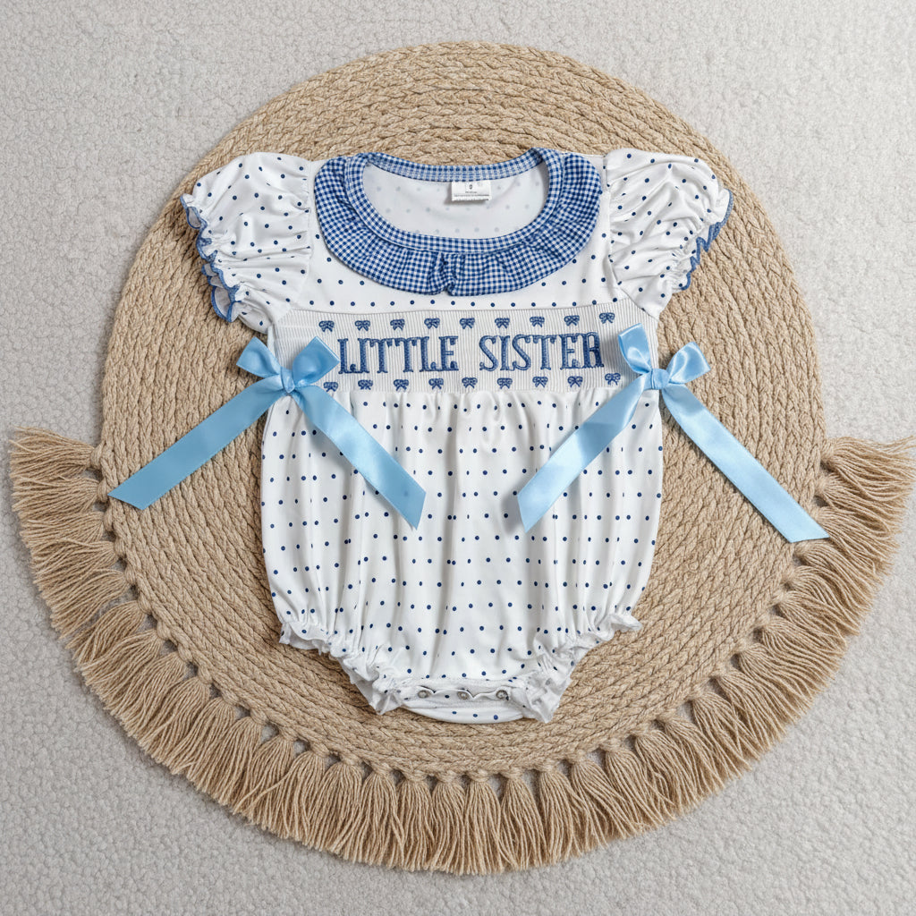 little sister blue white polk dots embroidery girl bubble romper