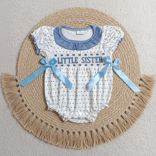 little sister blue white polk dots embroidery girl bubble romper