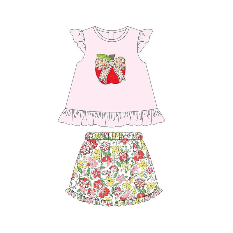 Custom order bow apple floral shorts set girl back to school outfit