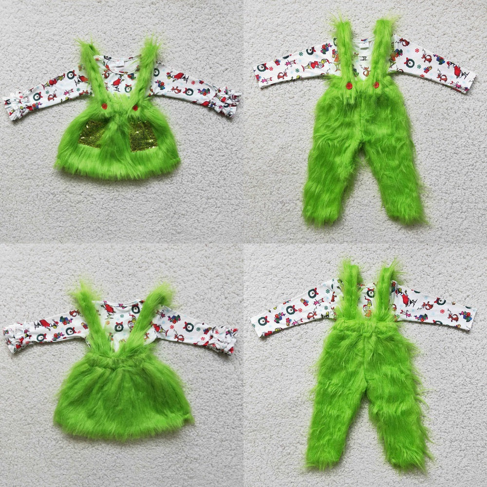 6 C11-39 Girls Long Sleeve Top Green Plush Skirt