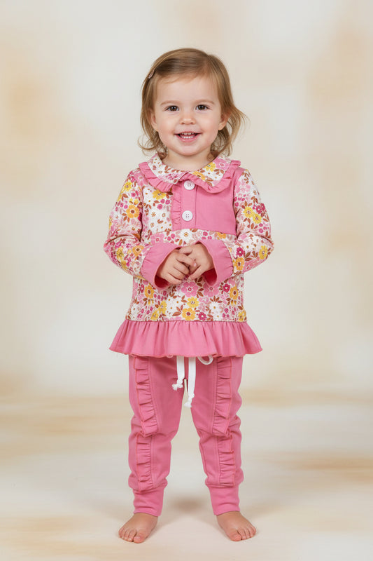 fall flower button pullover ruffle jogger outfit