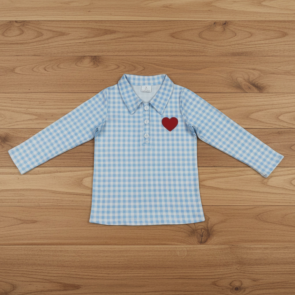 blue gingham red heart embroidery boy button up pullover shirt