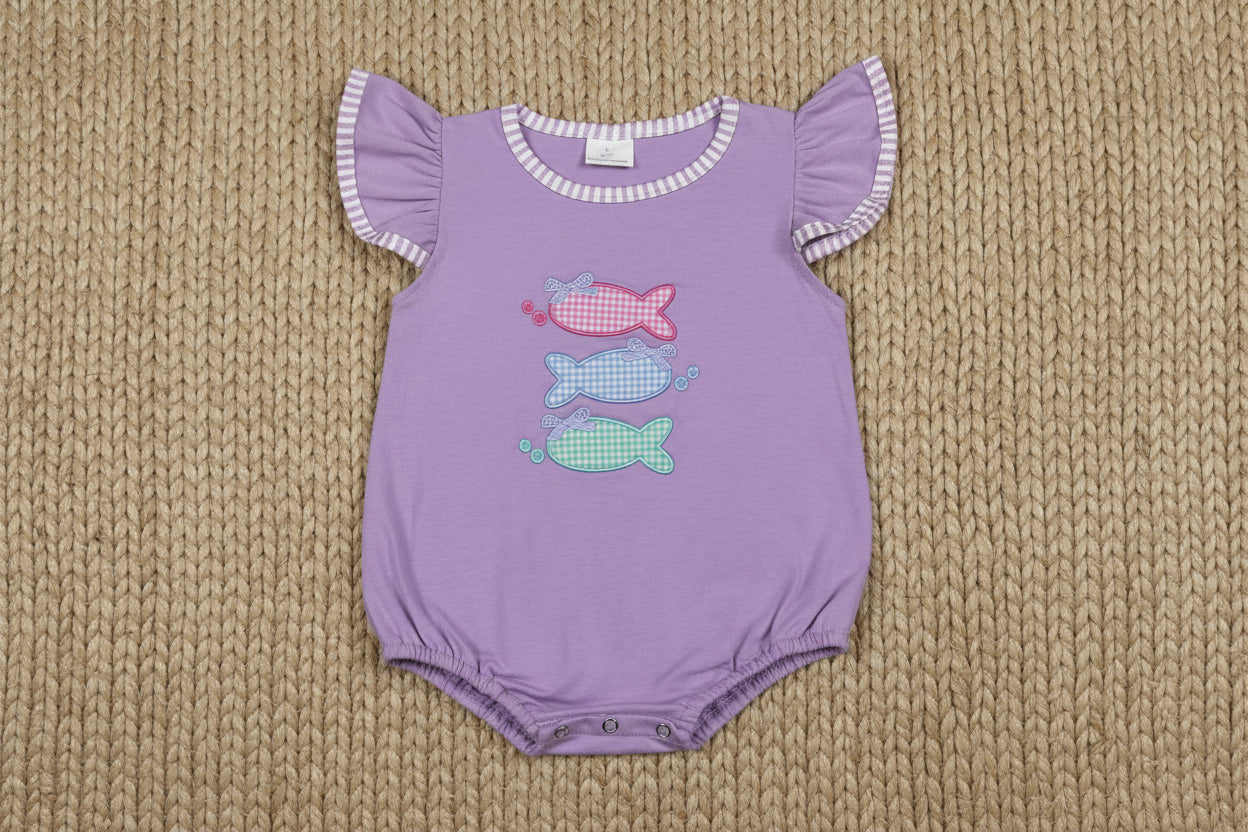 SR4006 gingham fish embroidery purple romper baby clothes
