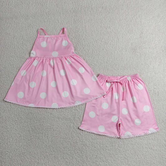 white dots on pink suspender shorts set