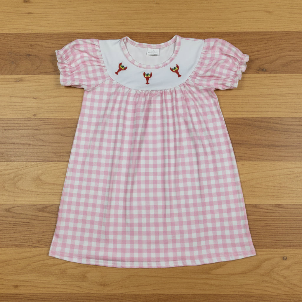 pink plaid mardi gras crawfish embroidery dress