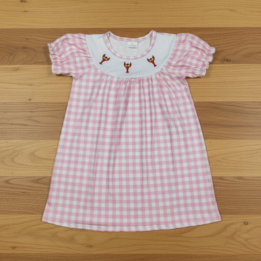 pink plaid mardi gras crawfish embroidery dress