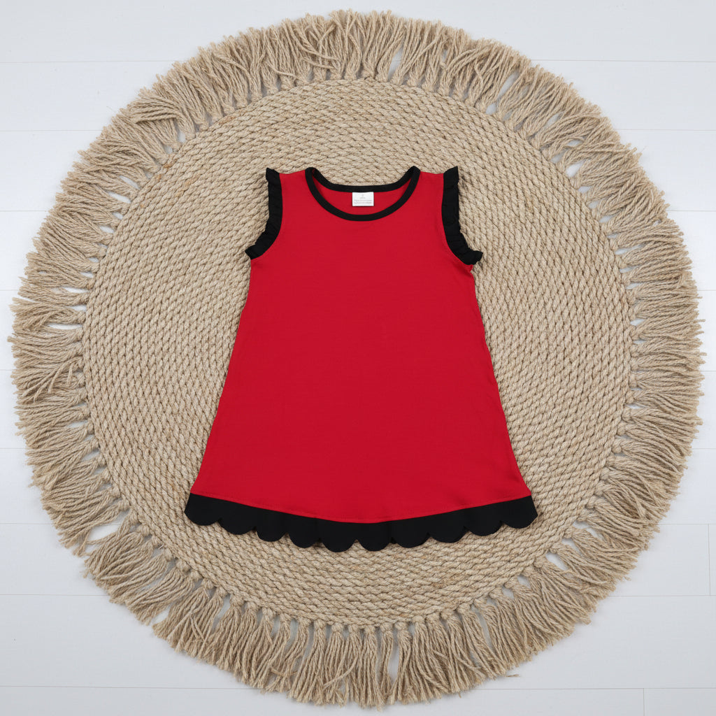 solid red black scallop dress