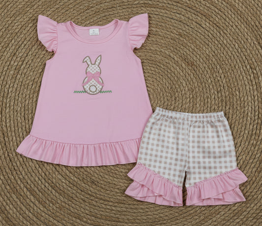 gingham bunny embroidery girl shorts set easter clothes